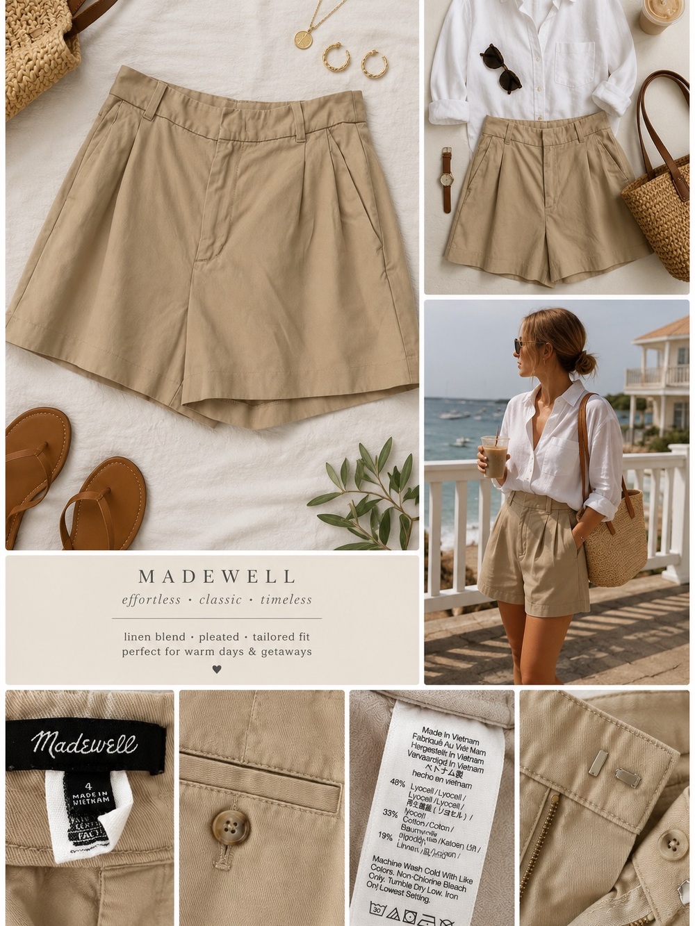 Madewell Pleated Khaki Shorts Size 4 Beige Linen Blend Casual Preppy Summer